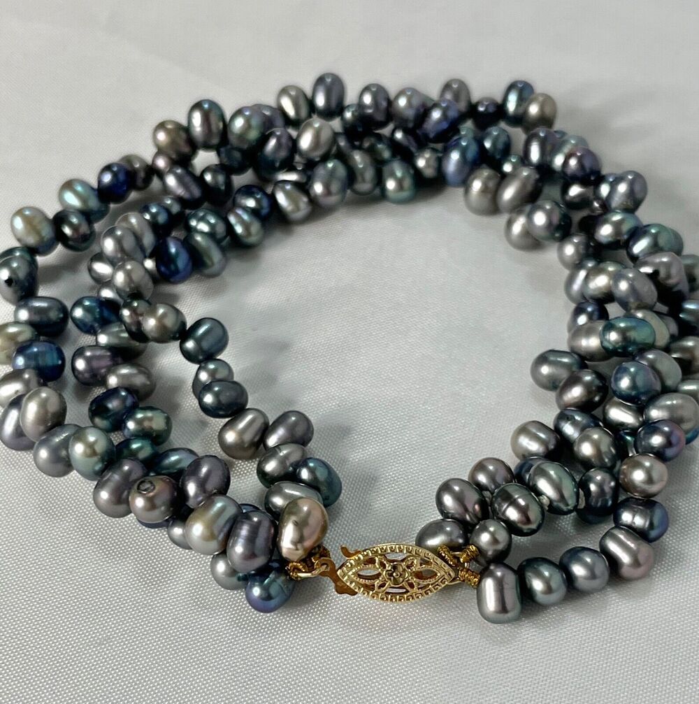 Peacock Freshwater Pearl Triple Strands Twisted Bracelet Gold Filigree Clasp 8"